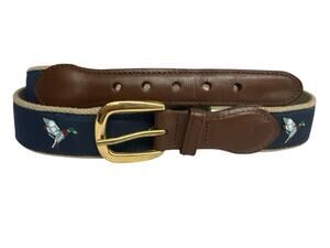 Zep-Pro Mallard Duck Belt Brown Leather Canvas Navy Blue Ribbon Embroidered 38
